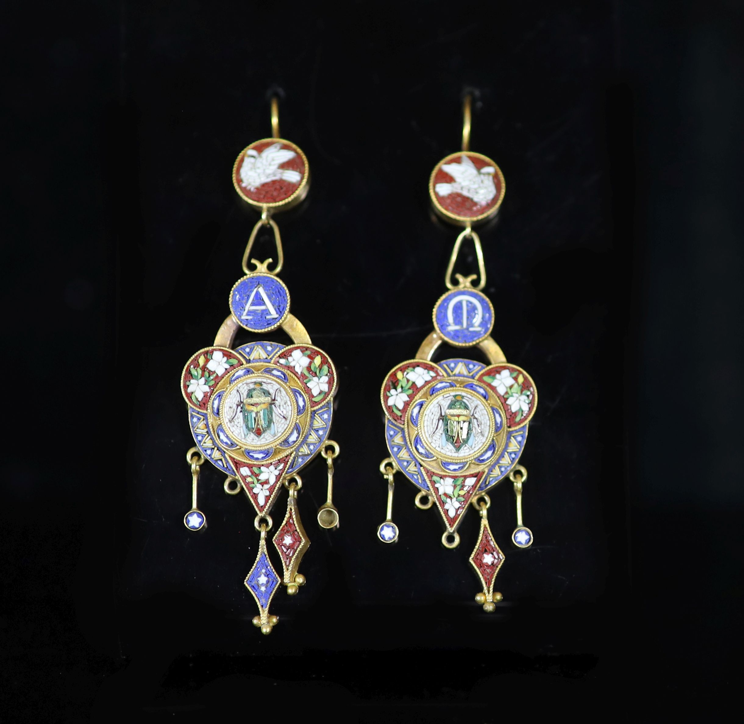 A good pair of Victorian Egyptian revival gold and micro mosaic set drop earrings